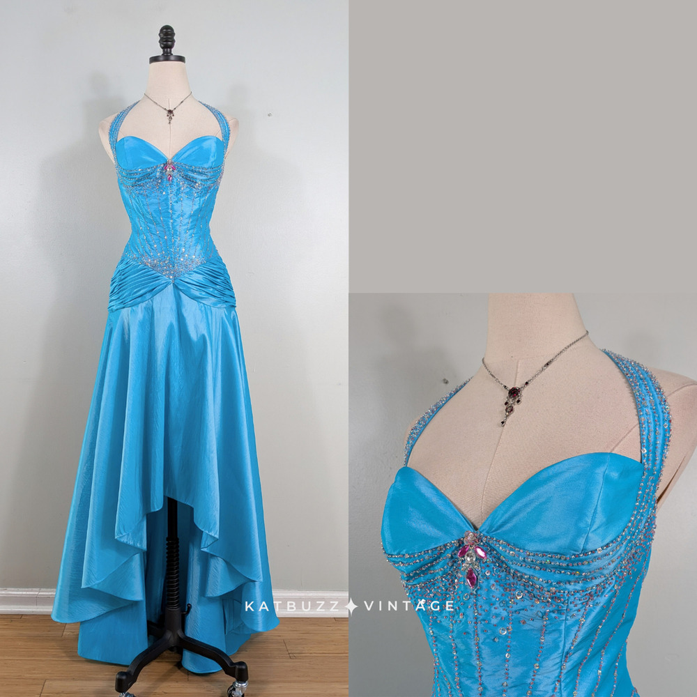 Vintage Prom Dress Maxi Gown 10 Turquoise Blue Y2K Halter Bead Glam Fairy Hoco